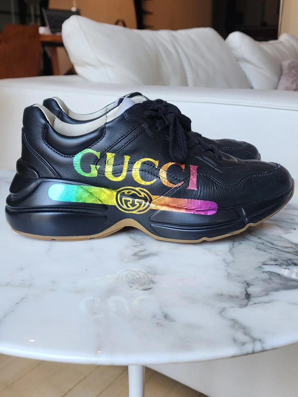 Gucci Rhyton Women's Black Leather Sneakers with Rainbow Logo Graphic Size 7.5 - Picture 1 of 12